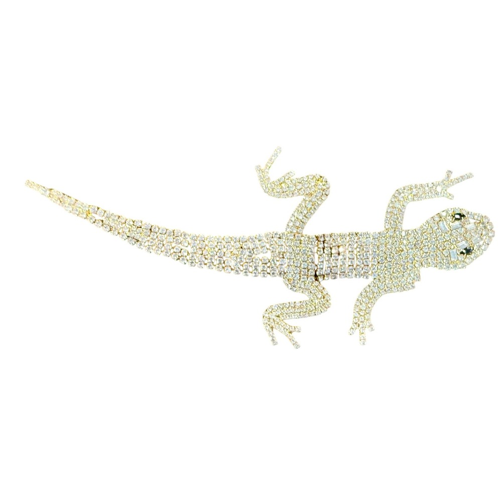 Rhinestone Lizard Brooch Gold Tone Animal Pin Statement Jewelry